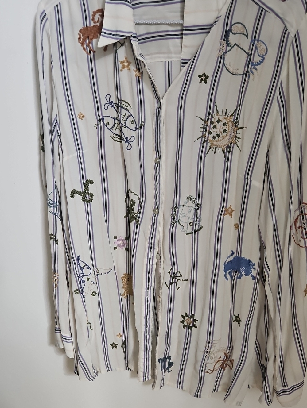 Johnny Was Cream Striped Button-Down with Multicolor Zodiac Embroidery